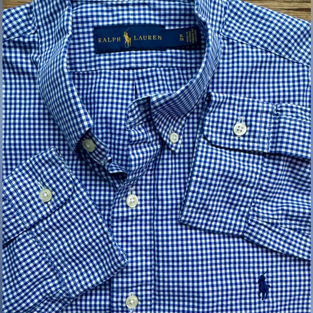 Ralph Lauren Button Down Shirt Mens XL Blue Gingham Check EUC XL